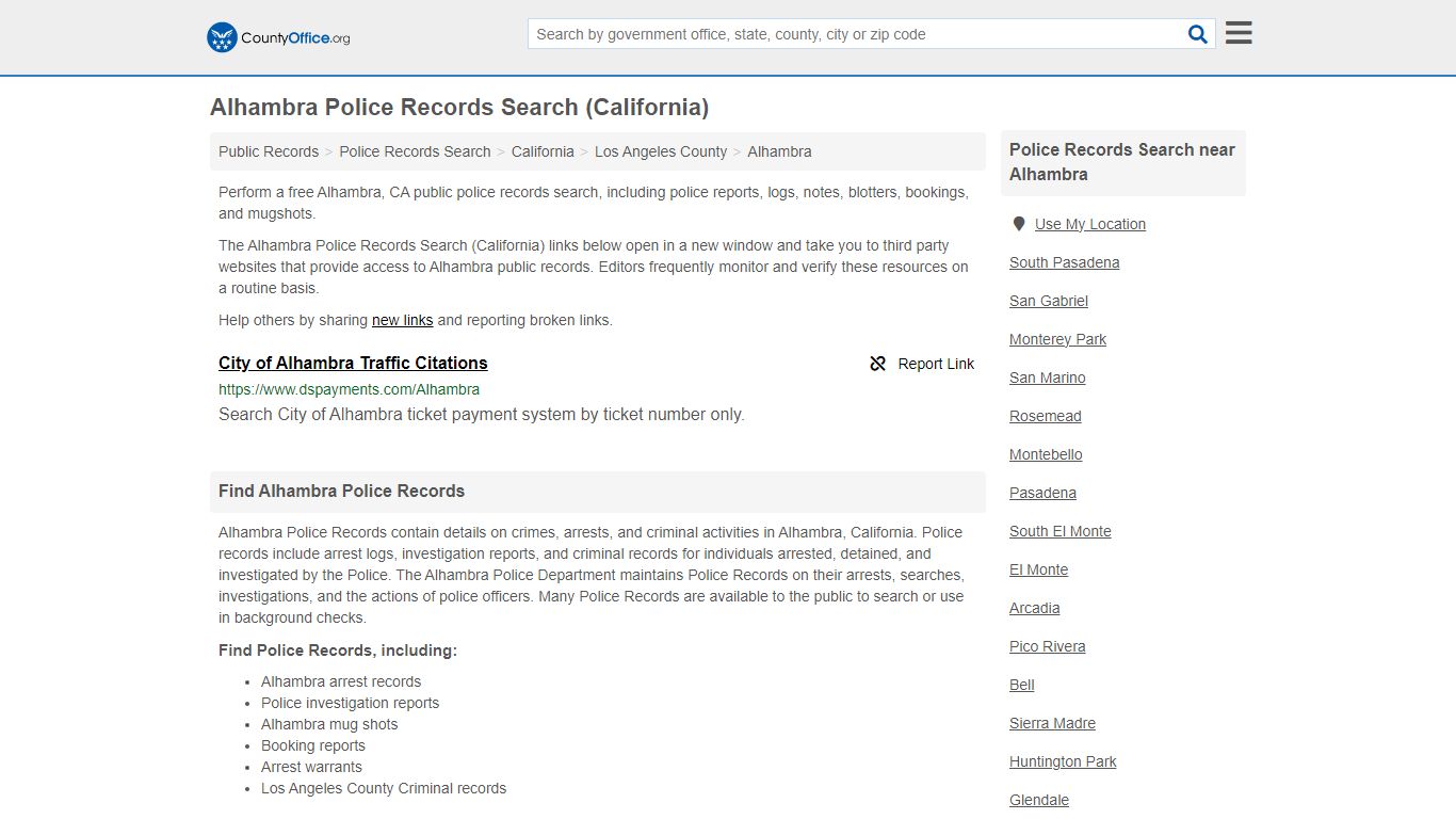 Alhambra Police Records Search (California) - County Office